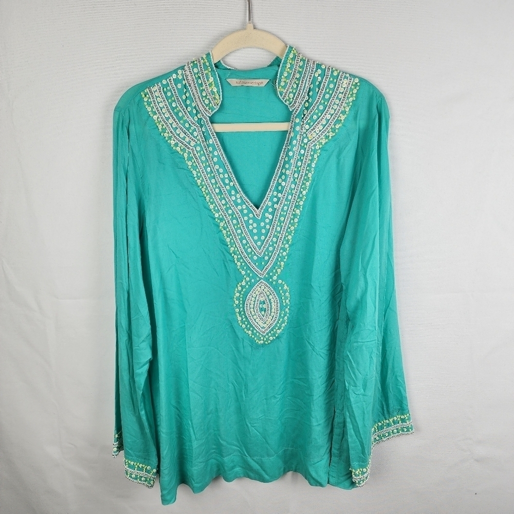 Soft Surroundings Women Teal Green Beaded Tunic Top Long Sleeve Blouse Large